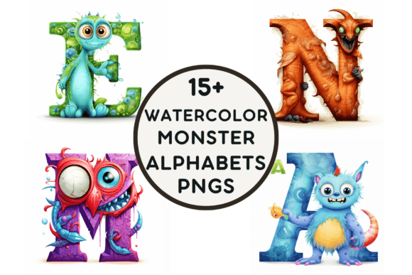 15 Watercolor Monster Alphabets PNGS: Illustrations Review