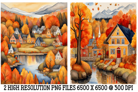 Autumnal Watercolor Village Illustrations for Digital Sellers