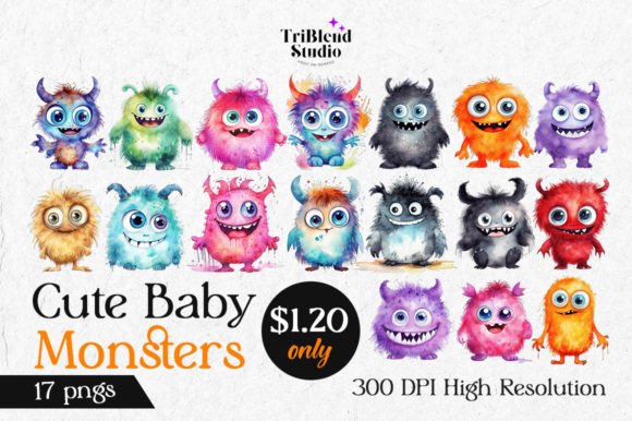 Cute Baby Watercolor Monsters Clipart for Blog & Editorial Design