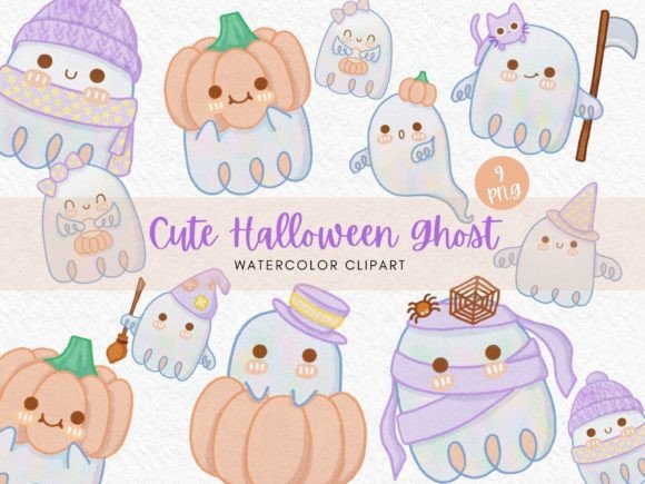 Cute Halloween Ghost Watercolor Clipart Illustrations