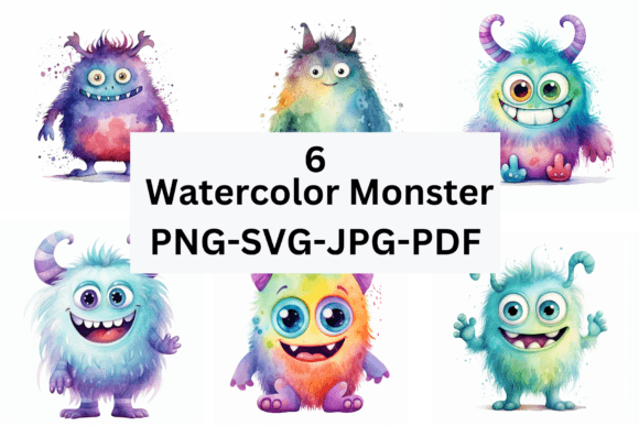 Cute Monster Illustrations: Watercolor PNG-JPG-SVG-PDF