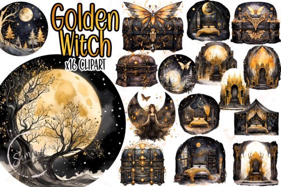 Dark Gold Witch Watercolor Clipart Illustrations