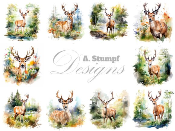 Deer in Summer Watercolor Paintings Illustrations for Handmade Crafters