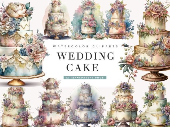 Elegant Watercolor Wedding Cake Illustrations for Local Branding
