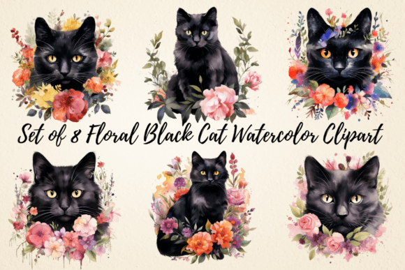 Floral Black Cat Watercolor Clipart Illustrations Review