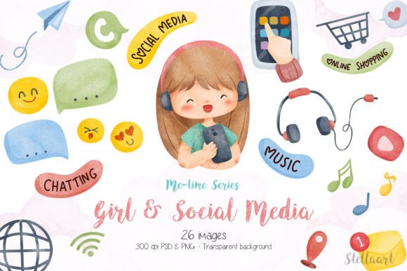 Girl and Social Media Watercolor Clipart for Embroidery