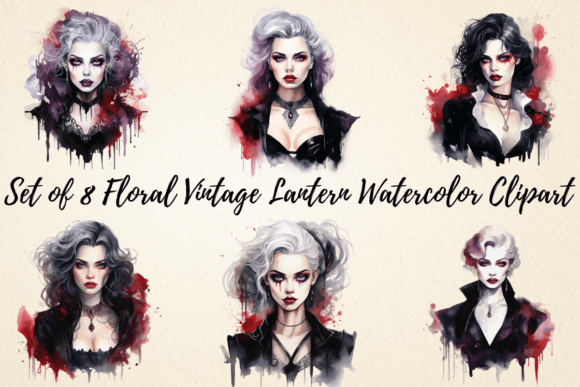Gothic Vampire Watercolor Clipart in Illustrations