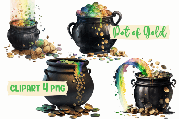 Pot of Gold Watercolor Clipart Graphics