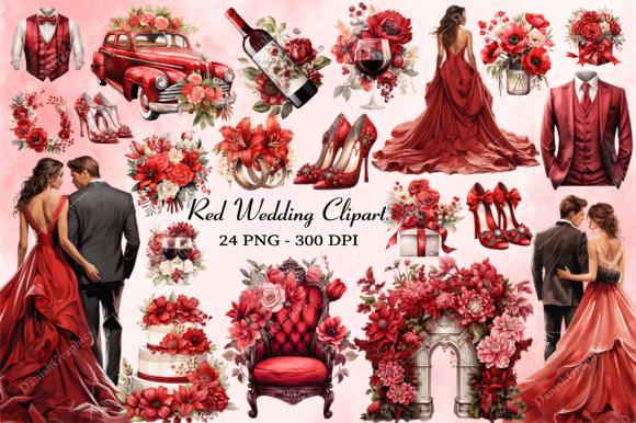 Red Wedding Watercolor Clipart Bundle: Illustrations Review