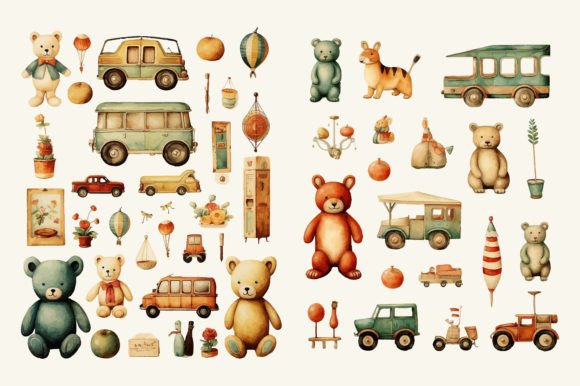 Retro Vintage Toys Watercolor Clipart for Crafters & Etsy Sellers
