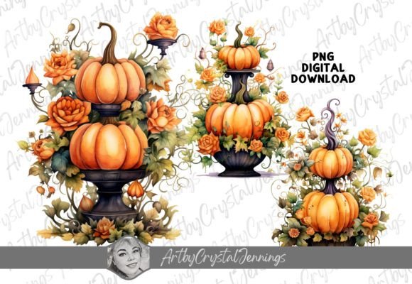 Watercolor Autumn Pumpkin Topiary Plant Illustrations