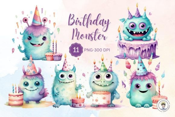 Watercolor Birthday Monsters Sublimation Illustrations