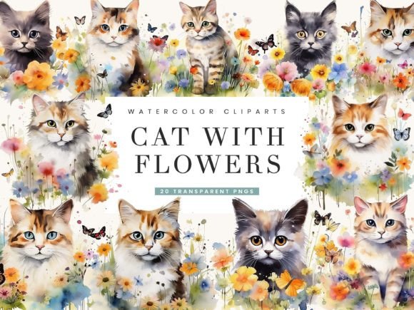 Watercolor Cat with Flower Clipart: Illustrations for Brands