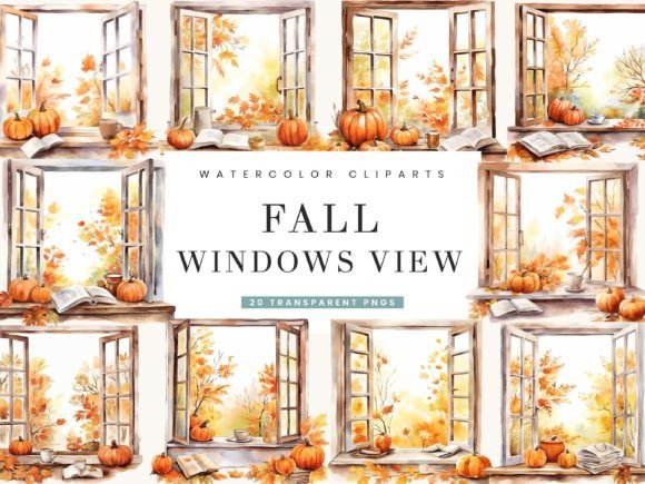 Watercolor Fall Windows View Illustrations for Branding