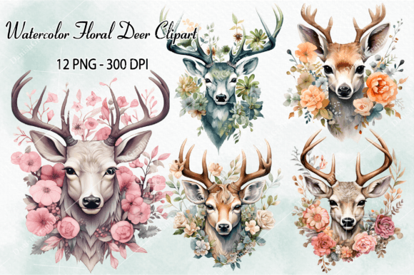 Watercolor Floral Deer Illustrations Bundle for Real Crafting