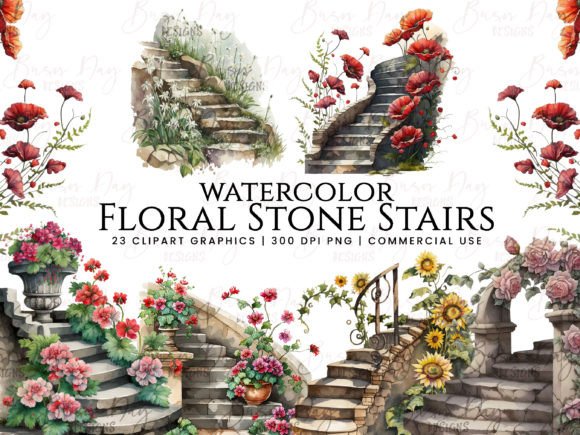 Watercolor Floral Stone Stairs Clipart for Illustrations That Elevate Editorial Design
