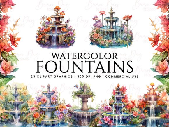 Watercolor Fountain Illustrations for Editorial Design