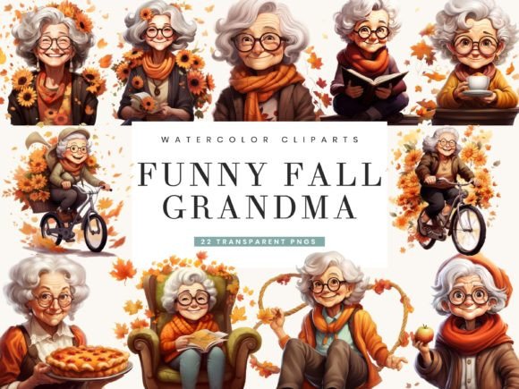 Watercolor Funny Fall Grandma Illustrations for Crafts