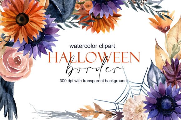 Watercolor Gothic Halloween Border PNG Illustrations
