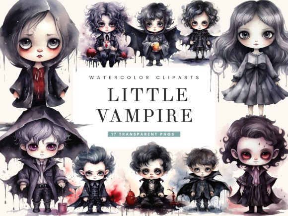 Watercolor Little Vampire Clipart Bundle Illustrations