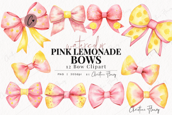 Watercolor Pink Lemonade Bow Clipart Illustrations