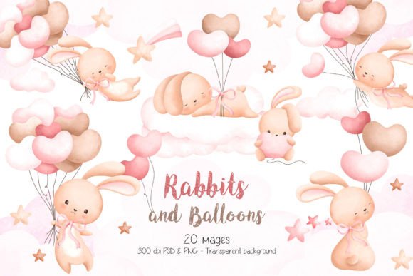 Watercolor Rabbit Girl and Balloons Illustrations for Real Crafting Magic