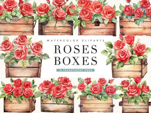 Watercolor Roses in Boxes Clipart Bundle – A Brand Designer’s Take on Floral Illustrations for Local Business Branding