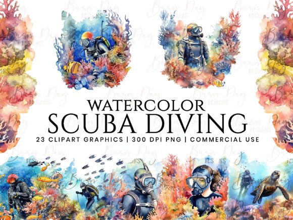 Watercolor Scuba Diving Clipart Bundle