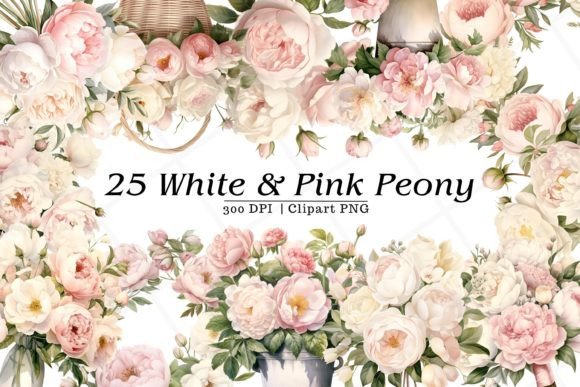 White and Pink Peony Watercolor Clipart for Creative Sellers